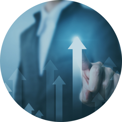 An IT professional touching an upward arrow illustrates a sales growth.